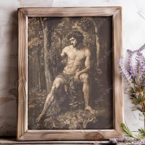 Dionysys mit Trauben Sepia Gravur - Antike griechische Pantheon Kunst, Gott des Weines Zeichnung Digitaldruck, digitaler Download, aufhängbare Wandkunst