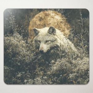 May include: A white wolf with yellow eyes peeks out from behind a thicket of green and brown foliage. The wolf is illuminated by a soft, golden light, creating a mystical atmosphere.