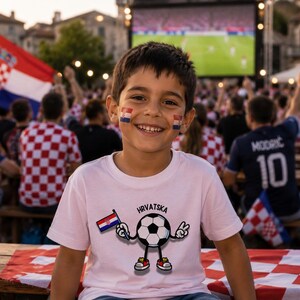 May include: A white t-shirt featuring a graphic of a cartoon soccer ball with arms and legs, holding a small Croatian flag. The soccer ball character wears red and white sneakers and makes a peace sign. The text "HRVATSKA" is printed above the ball.