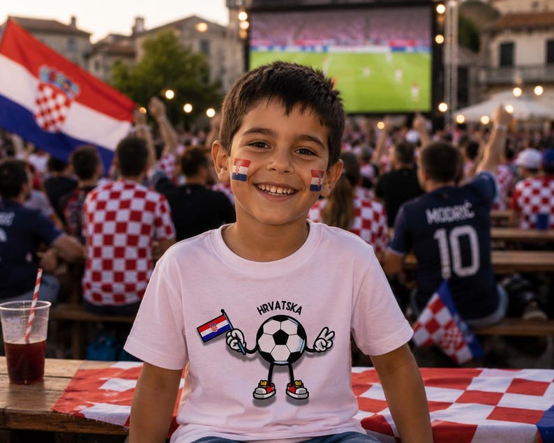 May include: A white t-shirt featuring a graphic of a cartoon soccer ball with arms and legs, holding a small Croatian flag. The soccer ball character wears red and white sneakers and makes a peace sign. The text "HRVATSKA" is printed above the ball.