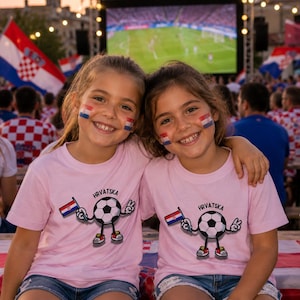 May include: Two light pink t-shirts featuring a cartoon soccer ball character holding a small Croatian flag. The graphic includes the text "HRVATSKA" above the soccer ball, which has arms, legs, and is making a peace sign with one hand.
