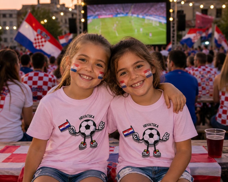 May include: Two light pink t-shirts featuring a cartoon soccer ball character holding a small Croatian flag. The graphic includes the text "HRVATSKA" above the soccer ball, which has arms, legs, and is making a peace sign with one hand.