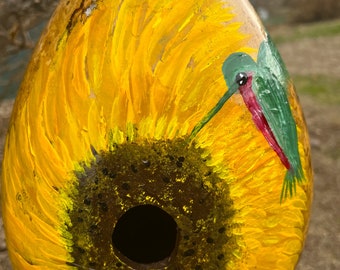 Sunflowers and Hummingbird: Huge Handpainted Gourd Bird House