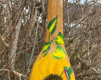 Mammoth Sunflower/Hummingbird: Huge Handpainted Gourd Bird House