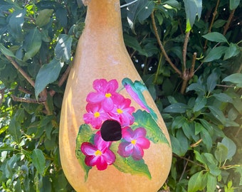 Hummingbird and Flowers:  Handpainted Gourd Birdhouse