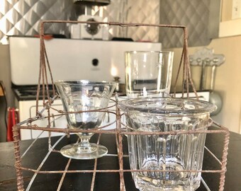 French Antique Vintage Wire Glass Caddy Tray