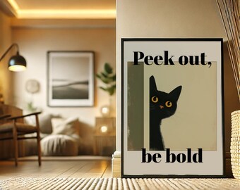 Peeking Black Cat Retro Wall Decor, Vintage Cat Poster, Digital Download Print, Large Printable Art, Downloadable Art Prints