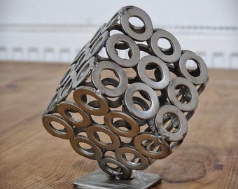 Unique Sculpture Of a Cube Made Using Stainless Steel Washers Welded Together Metal Art Home Decor Interior