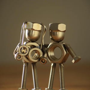 Welded Nut & Bolt Family Sculpture: Stainless Steel Art