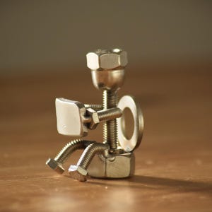 Metal Sculpture &quot;On The Loo&quot; Person Reading On The Toilet Nuts and Bolts Weld Art