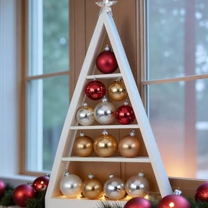 May include: A white wooden Christmas tree shelf with three shelves, decorated with red, gold, and silver ornaments. The shelf is placed on a windowsill with a garland of greenery and red ornaments.