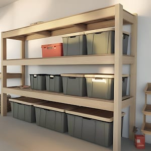 DIY garage shelves,Tote Storage,17 Gallon Tote Storage,Beginner Friendly,Organization Storage plan,Basement Organizer,Easy garage shelf plan