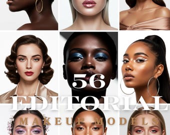 May include: A collage of nine images featuring diverse models showcasing editorial makeup looks. The images display various eye shadow colors, lip shades, and skin tones. The text "56 EDITORIAL MAKEUP MODELS" is overlaid on the image.