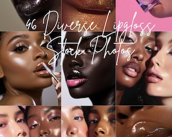 May include: A collage of close-up images showcasing diverse lip gloss shades and textures. The images feature various skin tones and lip colors, including shimmering golds, deep browns, and vibrant pinks. Text overlay reads "46 Diverse Lipgloss Stock Photos."