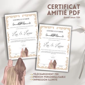 Certificat d’Amitié en Islam à imprimer A4 – Cadeau entre sœurs fillah – PDF Digital à télécharger – Certificat numérique musulman