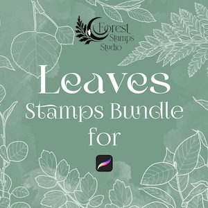 Könnte beinhalten: Eine digitale Illustration eines Blattsatzes mit dem Text "Leaves Stamps Bundle for Procreate" in Weiß auf grünem Hintergrund. Die Illustration ist für ein digitales Kunstprodukt.