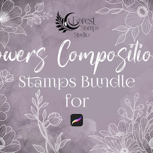 Pode incluir: Gráfico de arte digital com fundo aquarela em tons de roxo e cinza. O texto diz "Flowers Compositions Stamps Bundle for" com arte linear floral. O logotipo do Forest Stamps Studio está no topo.