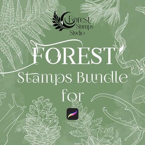 May include: A white outline illustration of a forest scene with the text "FOREST Stamps Bundle for Procreate" on a green background.