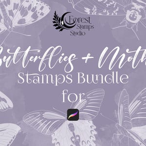 Może przedstawiać: Cyfrowa ilustracja zestawu stempli z motylami i ćmami do Procreate. Obraz przedstawia fioletowe tło z białymi motylami i ćmami. Tekst "Butterflies + Moths Stamps Bundle for Procreate" jest napisany na biało.
