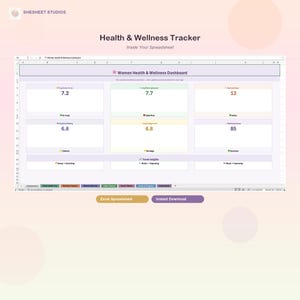 May include: A digital health and wellness tracker spreadsheet with a light purple and white design. The spreadsheet includes sections for tracking various health metrics, with the text "Health & Wellness Tracker" and "Women Health & Wellness Dashboard".