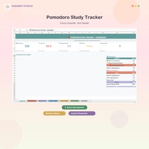May include: A digital Pomodoro Study Tracker spreadsheet, designed to help users focus and track productivity. The spreadsheet displays data including session counts, average focus time, and productivity trends. The image also includes the text "Focus Smarter, Not Harder."