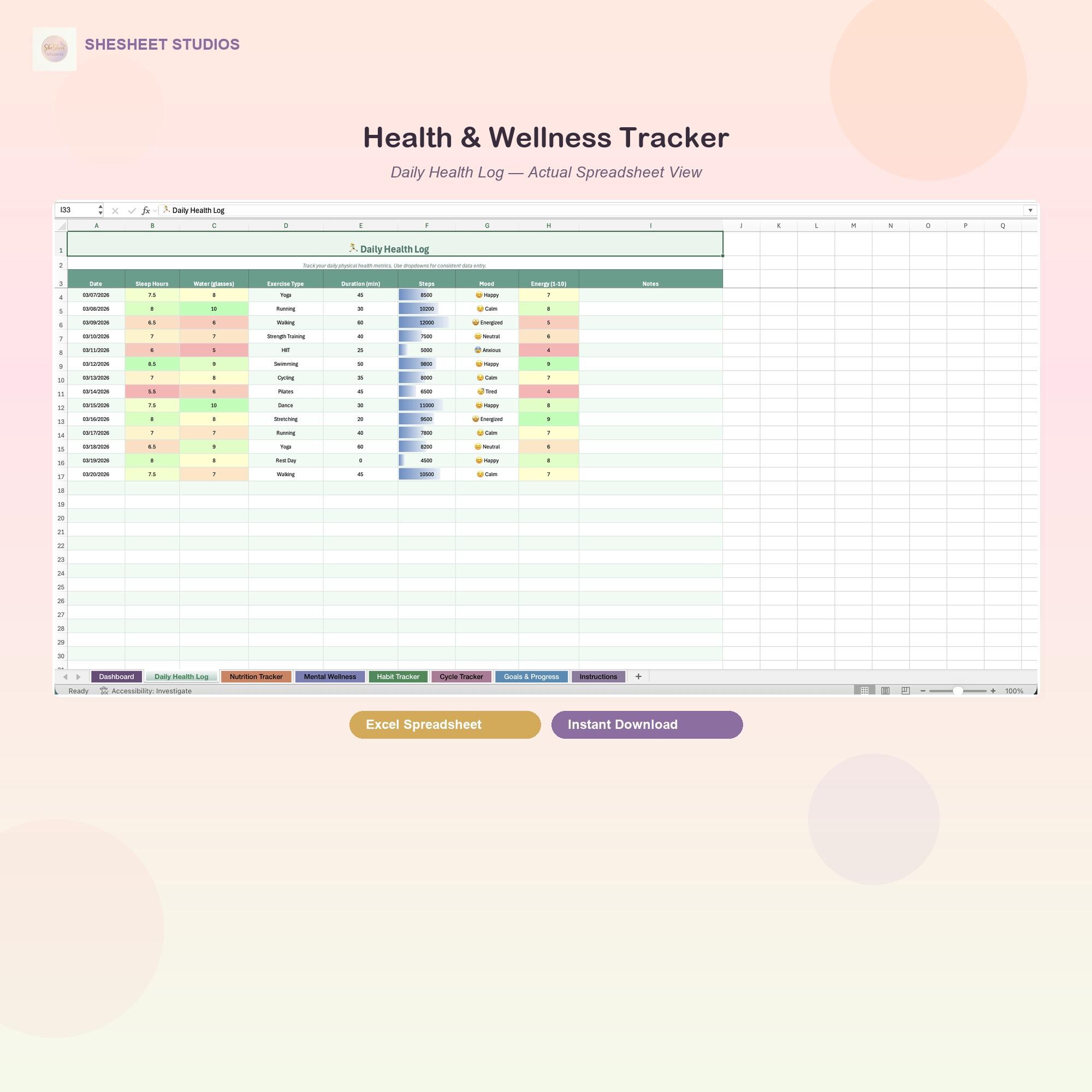 Health and Wellness Tracker | Cycle Tracker Spreadsheet | Nutrition ...