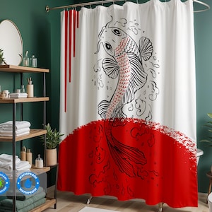 Rideau de douche carpe koï du Japon | imperméables inspirés des koinobori | Conception de motifs | Décoration de salle de bain | Cadeau pour elle | Pendaison de crémaillère
