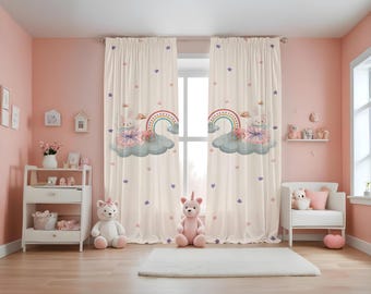 Cortinas opacas con estampado de arcoíris de colores, con temática de elefantes y conejitos, para habitación de bebé o niña, todos los tamaños, personalizables.