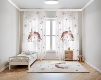 Cortinas opacas con diseño floral y de conejitos / Cortinas para habitación infantil o guardería con temática de arcoíris y flores / Todos los tamaños / Personalización
