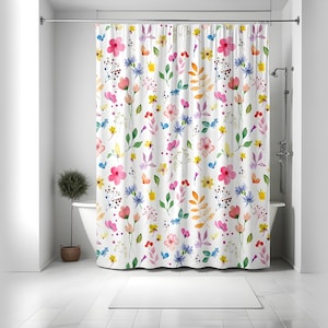 Unique Floral Shower Curtain | White Shower Curtain | Waterproof Bathroom Curtain | Mildew Resistant | Hotel-Guest Bath Decor | All Sizes