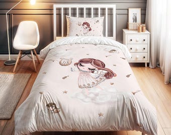 Musiker Fee gemusterte Bettwäsche-Set - personalisierte Name, Kinder Bettbezug-Set, Kinderzimmer Dekor, hochwertige 2-teilige Set