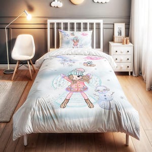 Snowy Princess Patterned Bedding Set - Personalized Name, Kids Duvet Cover Set, Children&#39;s Room Decor, High-Quality 2-Piece Set