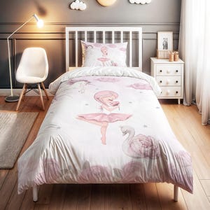 Ballerina Unicorn and Floral Print Bedding Set - Personalized Name, Kids Duvet Cover Set, Children&#39;s Room Decor, High-Quality 2-Piece Set
