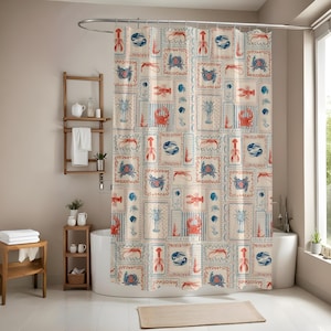 Sardine Sea Life Shower Curtain | Waterproof Bathroom Decor with Lobster, Starfish, Crab & Seashell Motifs | All Size | Personalization