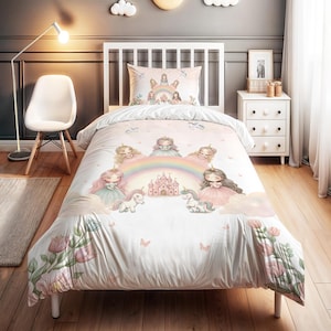 Rainbow Castle Princesses Patterned Bedding Set - Personalized Name, Kids Duvet Cover Set, Children&#39;s Room Decor, High-Quality 2 - Piece Set