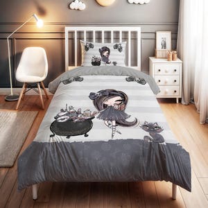 Cute Witch Princess Print Bedding Set - Personalized Name, Kids Duvet Cover Set, Children&#39;s Room Decor, High-Quality 2-Piece Set