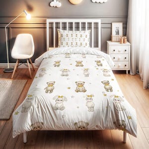 Bear & Rabbit Patterned with Gold Bow Bedding Set - Personalized Name, Kids Duvet Cover Set, Children&#39;s Room Decor, High-Quality 2-Piece Set