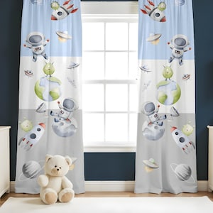 Kids Room Space Curtains | Rocket & Astronaut Design on Blackout Fabric | Custom Size Window Drapes | Gift for Her | Personalization