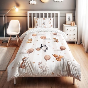 Beddengoedset dieren met vliegende ballonnen - gepersonaliseerde naam, kinderdekbedovertrekset, kinderkamerdecoratie, hoogwaardige 2-delige set