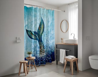 Mermaid Style Shower Curtain | Watercolor Theme Waterproof Fabric | Blue & Colorful Sea Design | Mildew Resistant | All Size Personalization
