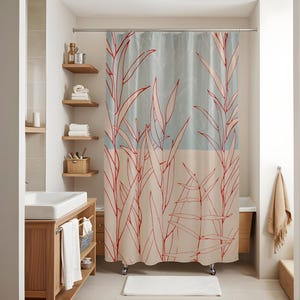 May include: A shower curtain with a botanical design. The curtain features a light blue and beige background with red line drawings of tall plants. The curtain is hanging in a bathroom with wooden shelves and a white sink.