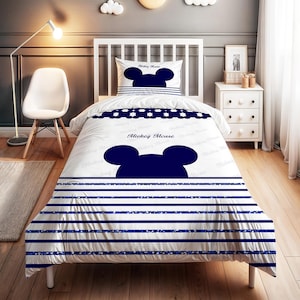 Navy Blue Mickey Mouse Patterned Bedding Set - Personalized Name, Kids Duvet Cover Set, Children's Room Decor, High-Quality 2 - Piece Set
