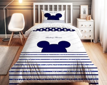 Navy Blue Mickey Mouse Patterned Bedding Set - Personalized Name, Kids Duvet Cover Set, Children's Room Decor, High-Quality 2 - Piece Set