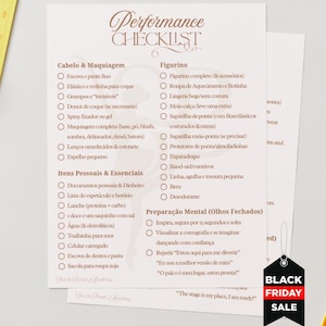 May include: A white checklist titled "Performance Checklist" with handwritten text in Portuguese. The checklist includes items for hair, makeup, costume, and personal essentials. A "Black Friday Sale" tag hangs from the bottom right.