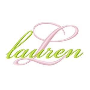 Puede incluir: Un diseño de fuente de escritura cursiva del nombre "Lauren" con una "L" rosa y letras verdes.