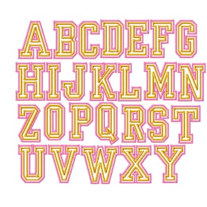 May include: A complete alphabet in a varsity-style font. Each letter is outlined in gold with a pink interior and a white background. The letters are arranged in rows, showcasing the full set from A to Y.