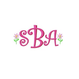 May include: Pink embroidered monogram with the letters "SBA" in a cursive font. The letters are flanked by two pink flowers with green stems.