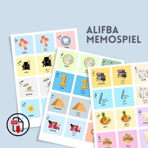 Alfabeto árabe | Juego de memoria Alifba | 56 tarjetas | Regalos para el Eid | Tarjetas didácticas de árabe/alemán | Descargar PDF | Juego de aprendizaje islámico | Elifba