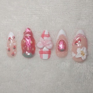 Cute 3D Strawberry Summer Picnic Nails with Flowers and Bows
