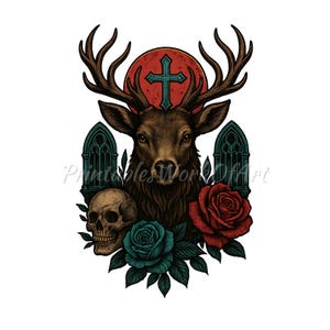 Gothic Deer Digital Art - Skull, Cross & Roses Dark Poster | 300 DPI High Resolution Download